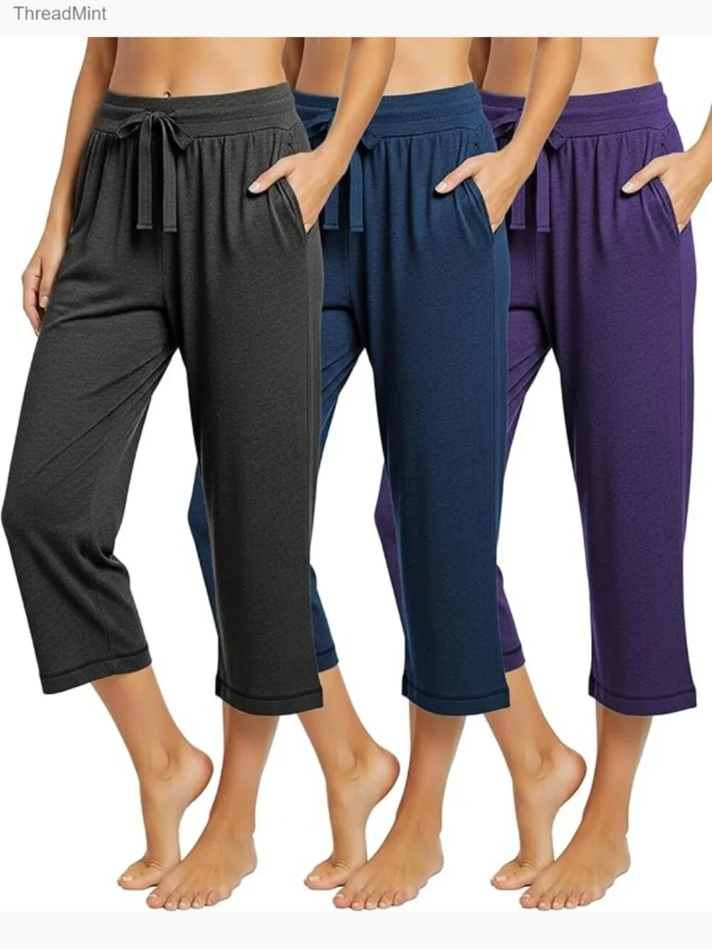 French Terry Capri Joggers with Drawstring Waist and Pockets 3 Pack